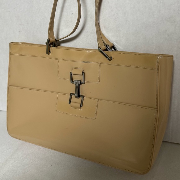 Vintage Gucci Jackie Beige Patent Leather Shoulder Bag Silver Italy Hardware